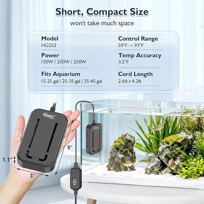 hygger 15-25 Gallon Short Fish Tank Heater, 150W 200W 250W Adjustable Submersible Aquarium Heater with Digital Display Controller, Run Dry & Overheating Protection