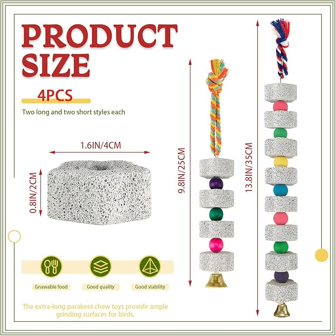 4 Pack Parrot Chewing Toys, Bird Beak Grinding Calcium Stone with Bell, Lava Mineral Block Cage Accessories for Parakeet Budgie Macaw Cockatoo Cockatiel Rat, Long+ Short