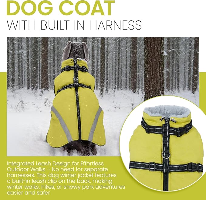QBLEEV Dog Coat for Medium Dogs, Waterproof Dog Winter Coat with Built-in Harness and D-Ring, Zip Up Pet Cold Weather Coats with Fleece Lined, Warm Snowsuit Gear Vest for Pug Boston Terrier, Green, M