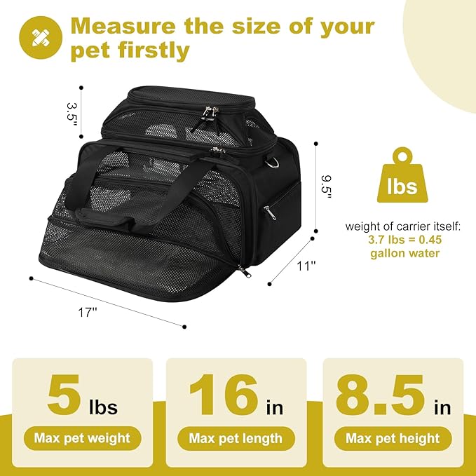 pidipiti 17x11x9.5 Alaska Hawaiian Southwest Airline Approved top and 1 Side Expandable pet Carrier for Extra-Small Dog/Small cat up to 5 lbs