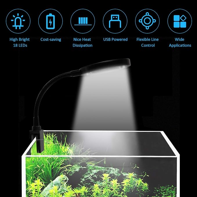 18 LED Aquarium Light with Clip on Flexible Gooseneck USB Powered Dimmable 3 Color Modes 10 Brightness Levels for Fish Tank Jar