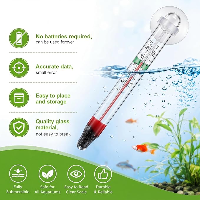 Dreyoo 2 Pack Floating Aquarium Thermometers, 0-43°C/32-110°F | with Suction Cup, Glass Material, Mercury Free Large Standing Thermometer for Freshwater and Saltwater Fish