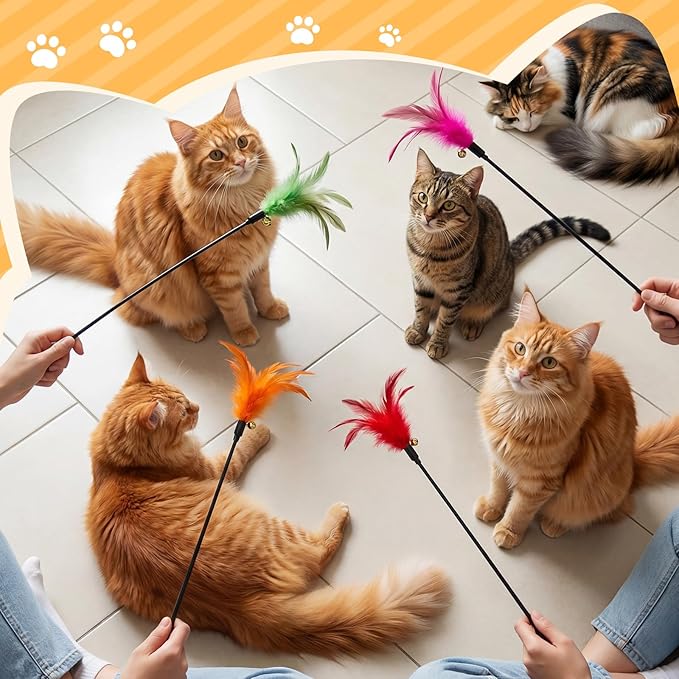 Leitee 15 Pcs Cat Wand Toy Feather Stick Cat Toy Bulk Feather Toys and Teaser Wand Bulk Interactive Stick for Indoor (Bright Color)