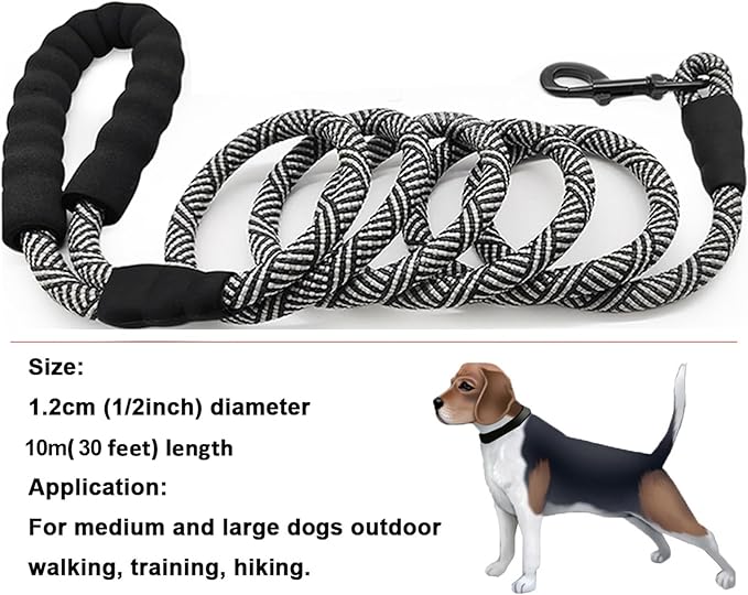 MayPaw 30ft Long Rope Dog Leash, 3/4/5/6/7/8/10/12/15/20/30FT Lengths Dog Lead Nylon Pet Leash, Soft Padded Handle Thick Lead Training Leashes for Large Medium Dogs (30ft * 1/2", Black)