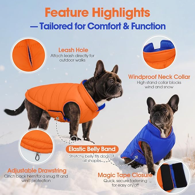 QBLEEV Reversible Dog Winter Coat, Waterproof Windproof Warm Jacket with Adjustable Hook & Loop Design, Lightweight Puffer Vest for Medium Dogs, Orange, M – Fits Pug, Beagle, Corgi