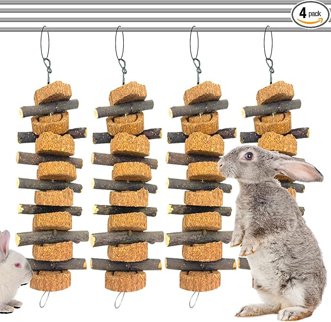 PINVNBY Rabbit Chew Toys for Teeth Hanging,Natural Apple Bunny Chew Sticks Small Animals Molar Wood for Rabbits Chinchillas Guinea Pigs Hamsters Small Pet Chewing Improve Dental Health(4 Pcs)