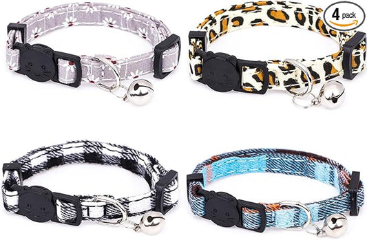 4 Pack Cotton Breakaway Cat Collar with Bell,Safety Adjustable Cat Collars Set,Ideal for Girl Cats Boy Cats