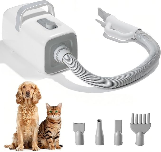 NEWBULIG Dog Hair Dryer, 1550W High Velocity Pet Blow Dryer with Heater for Grooming, Speed Temperature Adjustable Dog Blower Grooming Dryer with 4 Nozzles, White