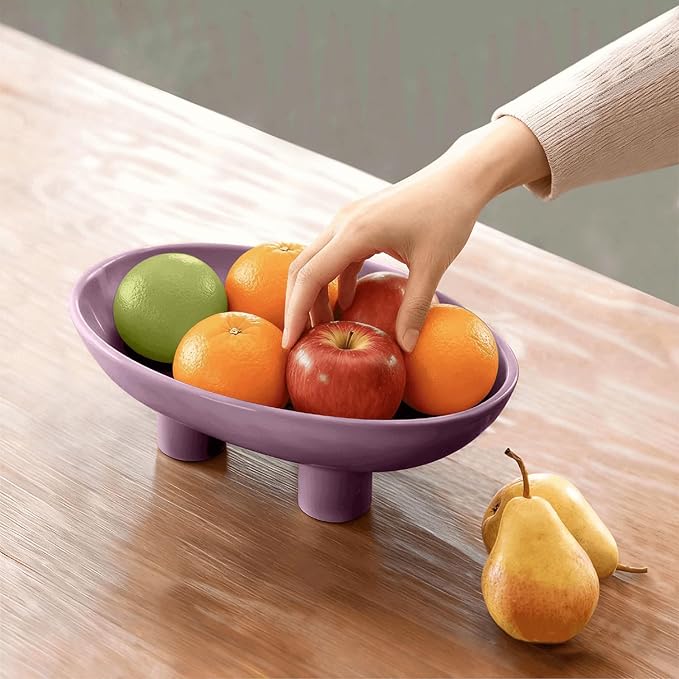 Three-Leg Ceramic Fruit Bowl, 10 Inch Oval Serving Dish for Kitchen Counter, Candy or Key Holder, Home Decor Accent Purple