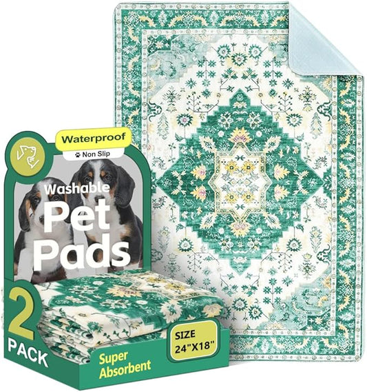 Washable Pee Pads for Dogs, 2 Pack Reusable Puppy Training Pads 24"x18" Super Absorbent Waterproof Dog Training Pads, Non-Slip Potty Pads, Whelping Pads Litter Mat Green Medallion