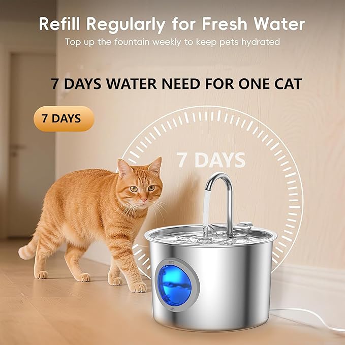 Cat Water Fountain Advanced 304 Stainless Steel 2.2L/74oz with Detachable Tank, Easy to Clean, Automatic Pet Fountain Quiet Cats Water Dispenser, Perfect for Indoor Cats Dogs