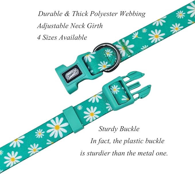 Dog Collar Leash Set, Floral Pattern, Polyester Material, Adjustable Collar and 5ft Matching Leash, for Puppy Dogs.(XS, Green Daisy)