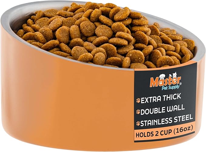 Master Pet Supply Stainless Steel Slanted Dog Cat Food Bowl - 16 oz Heavy Duty - Mango Tango, Double Wall Insulated, Non-Slip Elevated Bowl for French Bulldogs Pugs Cats, Anti Rust Dishwasher Safe