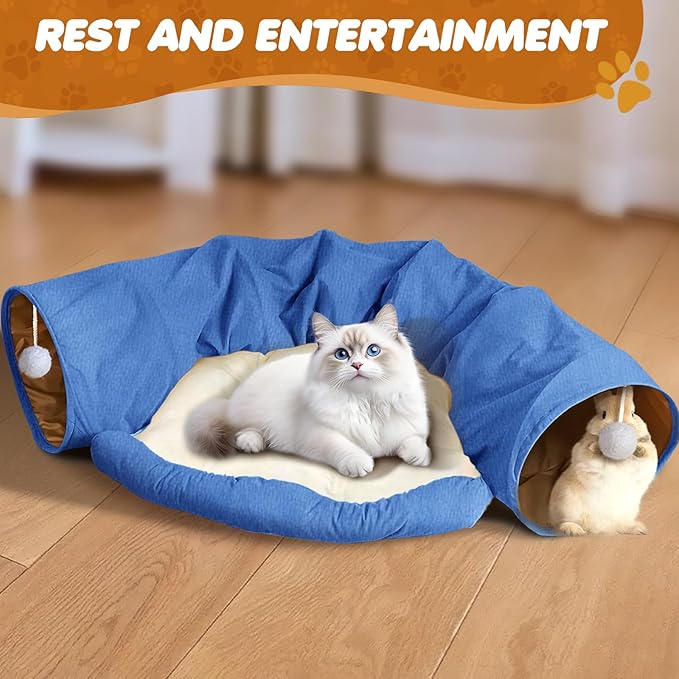 Spardar Bunny Tunnel Bed, 2-in-1 Collapsible Tunnel Tubes Toys, Washable, with Removable Mat Hideout, Interactive Toys for Rabbits Chinchilla Hedgehog Guinea Pigs Kitty, Blue