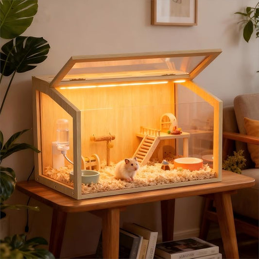 Hamster Cage: Wooden Small Animal Cage with Warm Light - 24inch Clear Chewy Proof Hamster House with Openable Breathable Top