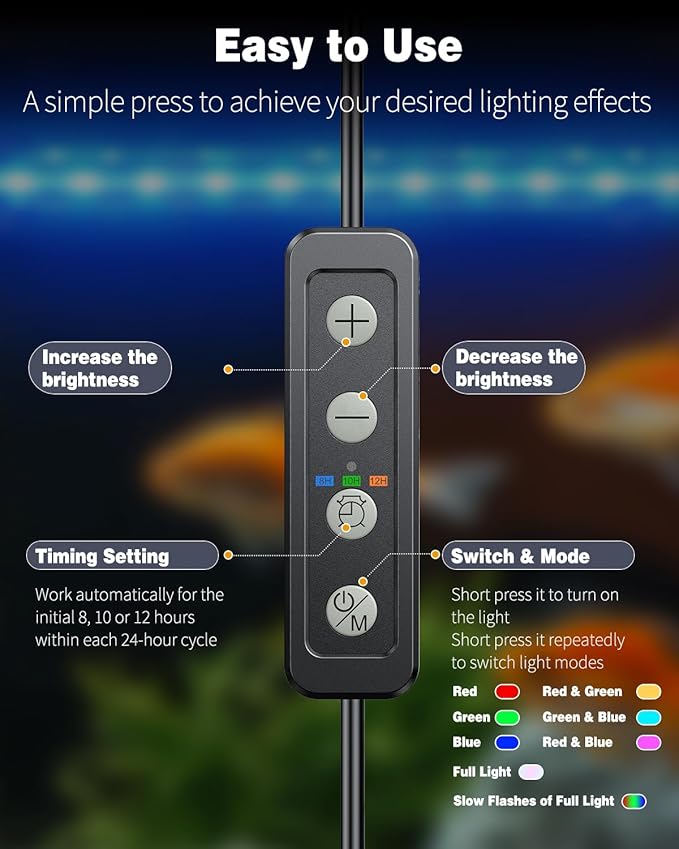 Pawfly 5.5 W Aquarium LED Light 19 Inch Underwater Fish Tank Light with Timer Auto On/Off Fish Tank Background Lights with 8 Lighting Modes Submersible Multi-Colored Tube Lights for Decoration
