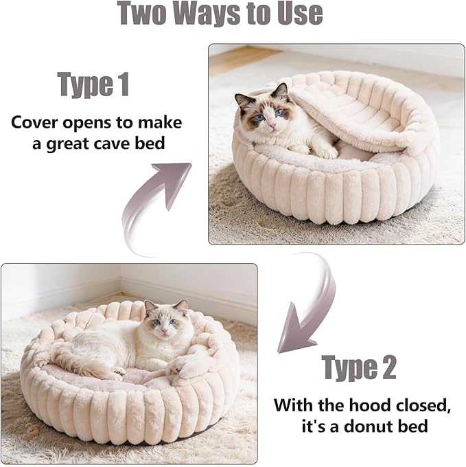 Cat Beds for Indoor Cats, 2 in 1 Cat Cave Bed Kitten Bed for Small Pets, Small Dog Bed with Cover, Pet Bed for Puppy and Kitten with Anti-Slip Bottom-Beige Pink-20 inches
