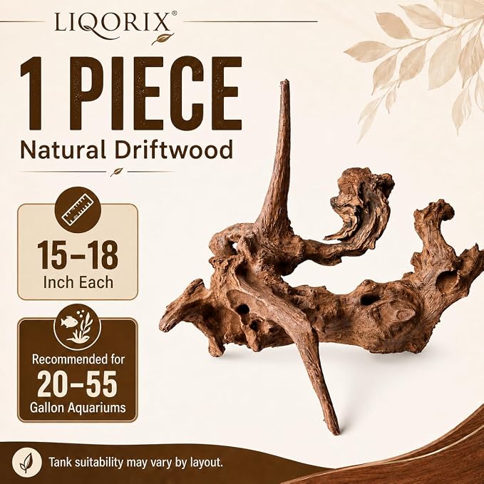 Natural Aquarium Driftwood, 15 to 18 Inch 1 Large Piece, Fish Tank Decor and Aquascaping Wood for Freshwater Aquariums, Reptile Terrarium and Air Plant Display