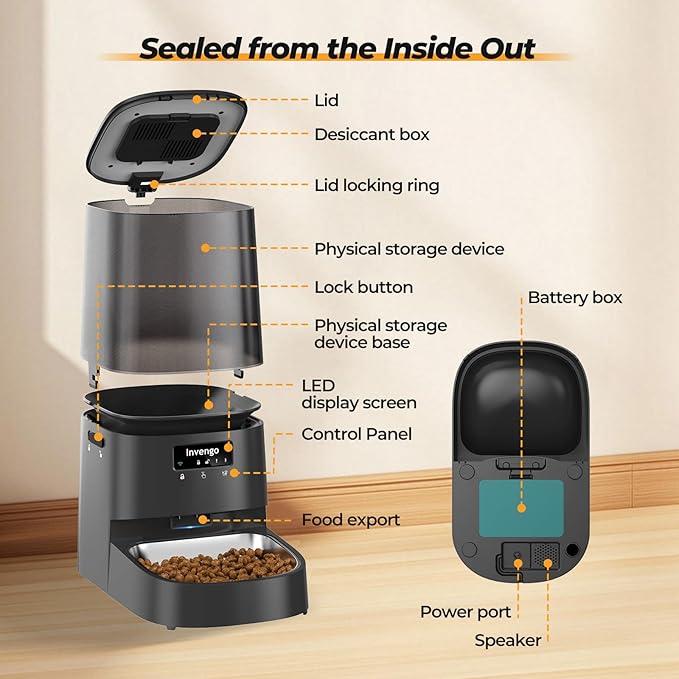 Automatic Cat Feeder with App Control, 5L Food Dispenser for Cats and Small Dogs, 2.4/5G Wi-Fi, Programmable Portions, Anti-Jam & Fresh-Lock, Stainless Steel Bowl, Easy to Clean