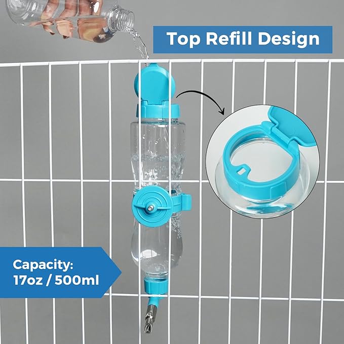 VANNON 17oz Small Animal Water Dispenser for Crate, Parrots Water Bottle for Cage, Chewproof Pet Water Bottle for Rabbits, Guinea Pigs, Ferrets, Chinchillas and Other Small Rodents, Top Fill, Blue