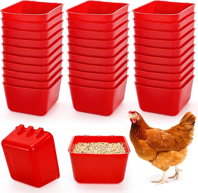 Okllen 30 Pcs Chicken Water Feeder Cups, 16 oz Plastic Hanging Bird Cage Cups for Parrot, Parakeet, Rooster, Pigeon, Bunny, Poultry Coop Gamefowl Supplies, Red