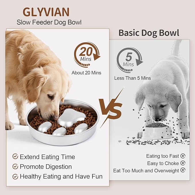 Slow Feeder Dog Bowl for Fast Eating Dogs Stainless Steel 8.2" with Non-Slip Base, Raised Obstacle Slow Down Eating for Small Medium Large Dogs, Reduces Bloat & Indigestion, Dishwasher Safe
