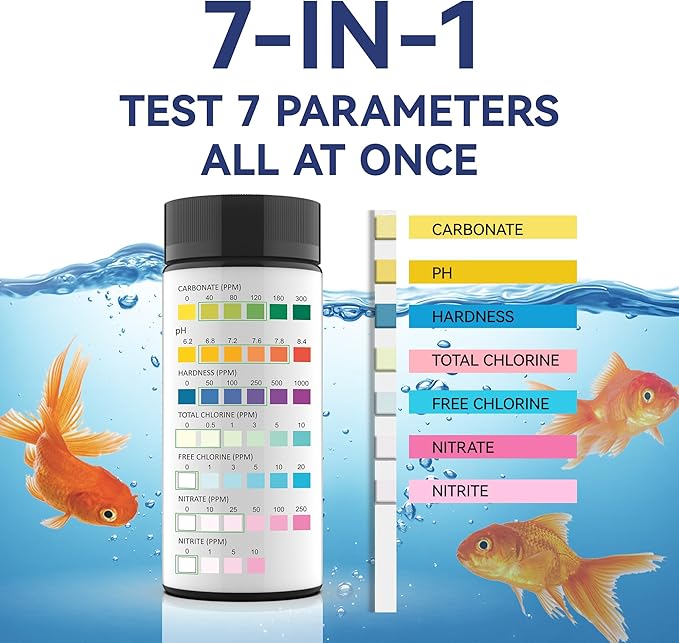 Aquarium Test Kits(100 Strips)-7 in 1 Fish Tank Water Freshwater&Saltwater Quality Test with pH, Carbonate, Alkalinity, Hardness, Chlorine, Nitrite, Nitrate