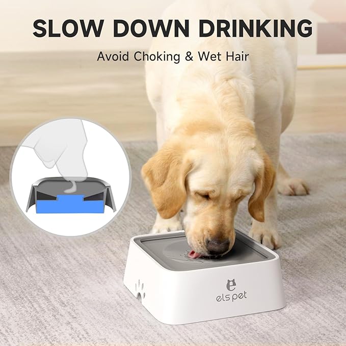 ELS PET No Spill Slow Water Feeder - Large Capacity 70oz/2L Travel Bowl for Dogs & Cats Anti-Gulping, Keeps Floor & Beard Dry, Dishwasher Safe, Activated Carbon Filter Included (Grey)