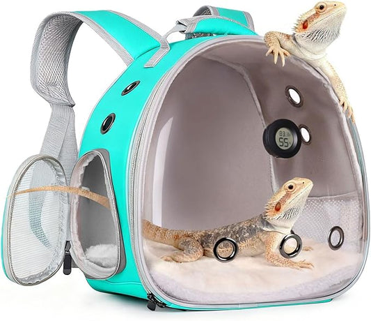 Bearded Dragon Travel Backpack Carrier with Reptile Thermometer and Humidity Gauge Lizard Travel Cage Space Capsule Clear Bubble Window Astronaut Reptile Carrier Bag for Ball Python (Green, Backpack)