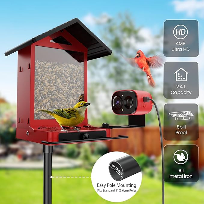 Smart Bird Feeder Camera with Vivid 2.5K Color Night Vision, Free AI Bird Identifier, Durable Squirrel-Resistant Metal Body, Solar Powered, Outdoor Gift for Mom Dad Birds Lovers