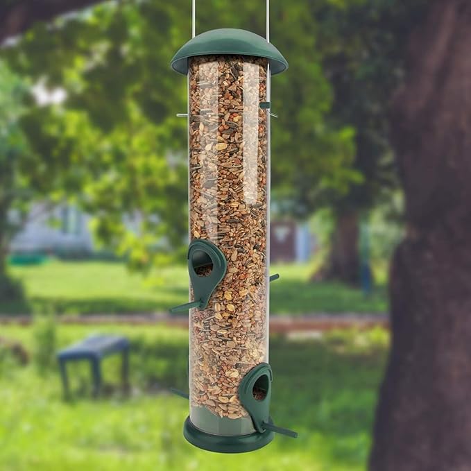 WILDLIFE FRIEND Green Grain Bird Feeder 12 Inches - With 4 Landing Spots for Birds - Hanging Bird Feeding Station - Grains Feeding Column - Wild Bird Feed Silo - Tube Bird Feeders for Outdoors Hanging