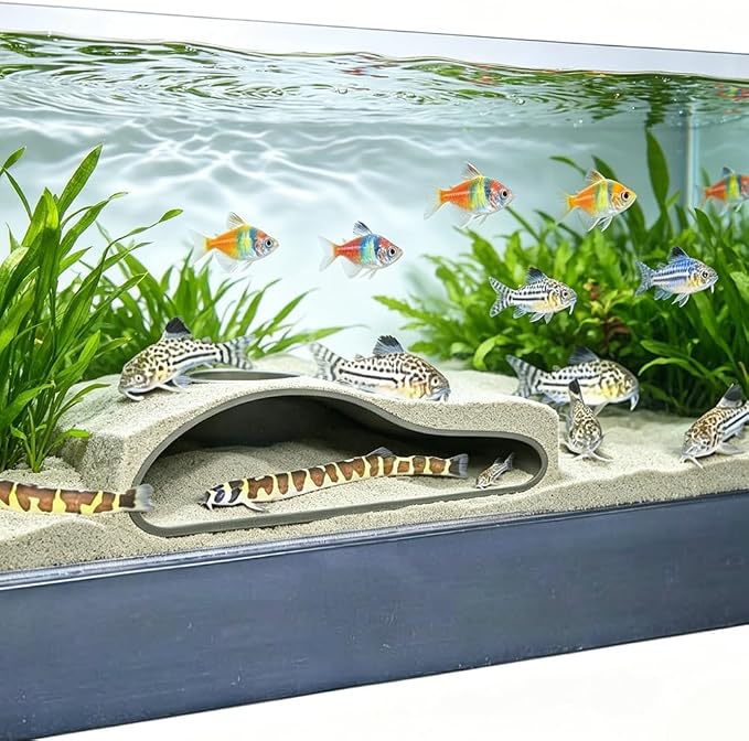 WADORN Aquarium Underground Tunnel Cave Plastic Under Gravel Tunnel Decor Sigle Hole Fish Tank Hideout Decor for Betta Fish Shrimp Corydoras Clown Loach Pleco Underwater Landscape, Black