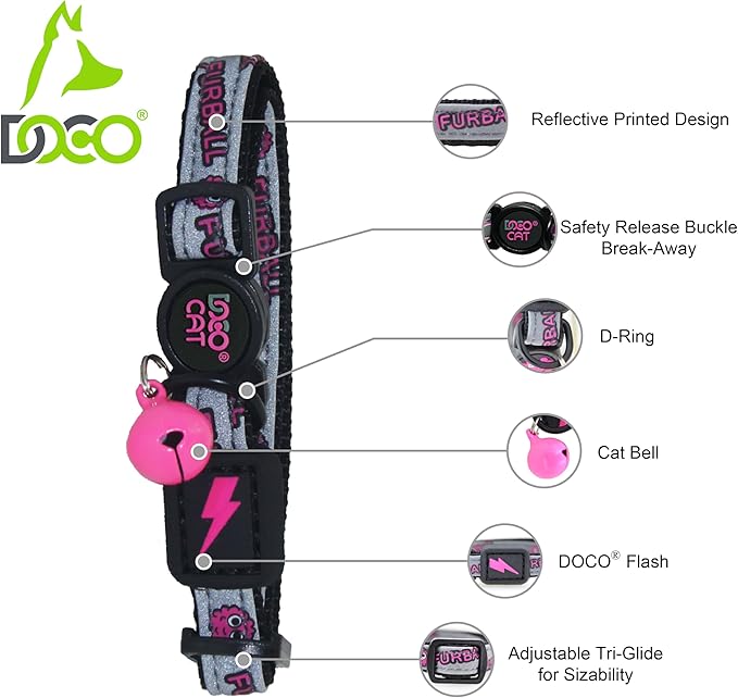 DOCO Cat Collar Breakaway Safety Buckle with Bell | Reflective Lime Adjustable Nylon Collar for Kittens & Adult Cats | Comfortable & Safe for Girls & Boys | Neck 3/8" x 7.5-12", Up to 13lb