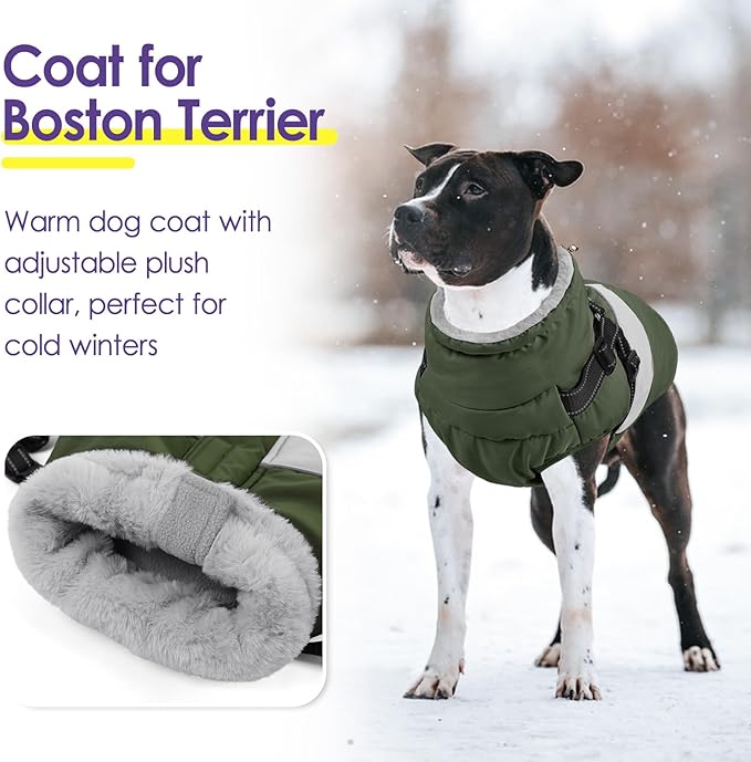 Dog Coat, XXXL Dog Jacket Winter with Harness Built in, Waterproof Pet Snow Jacket with Furry Collar for Chilly Day, Reflective Fleece Snowsuit for Extra Large Dogs, Army Green 3XL