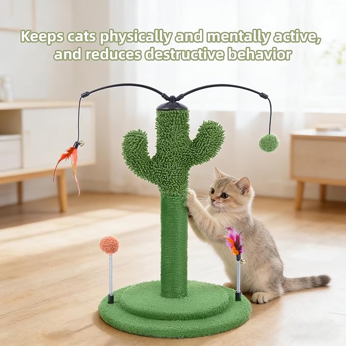 YUNIQUE Cactus Cat Scratching Post with Sisal Rope, Small Cat Tree with Dangling Balls & Feather for Kittens (Green, 20.9'')