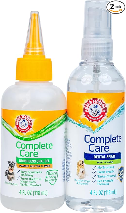 Arm & Hammer Complete Care Brushless Dental Kit for Dogs – Includes No-Brush Oral Gel + Dog Dental Spray, Fresh Breath, Tartar Control, Baking Soda Enhanced Dental Dog Supplies, 4 Fl Oz Each