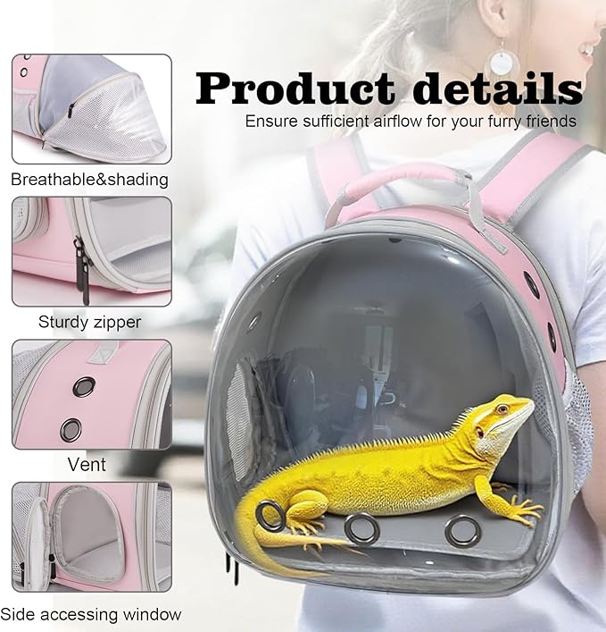 WEVONIGU Expandable Small Animal Backpack Carrier with Clear Bubble Window Large Space Travel Cage for Hedgehog Rat Parrot,Bearded Dragon,Sugar Glider,Airline Approved (Pink, BE Backpack)