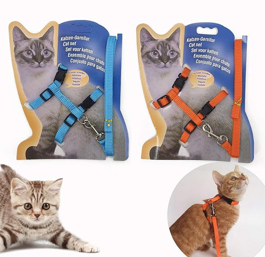 2 Pack Cat Harness and Leash | Adjustable Halter Harness with Nylon Strap, Safety Rope Leads for Kittens | Orange & Light Blue Color Set, Comfortable Escape-Proof Design