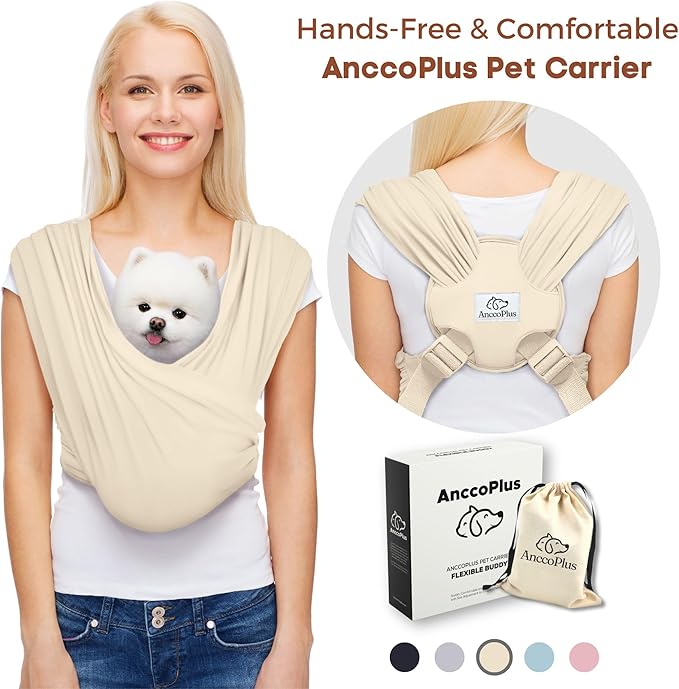 AnccoPlus Dog Carriers for Small Dogs, Front Facing Dog Sling Carrier, Hands Free Cat Carrier, Size Adjustable, Reducing Back Pain, Premium Cotton, Safe and Soft Dog Carrier (Plus, Beige)