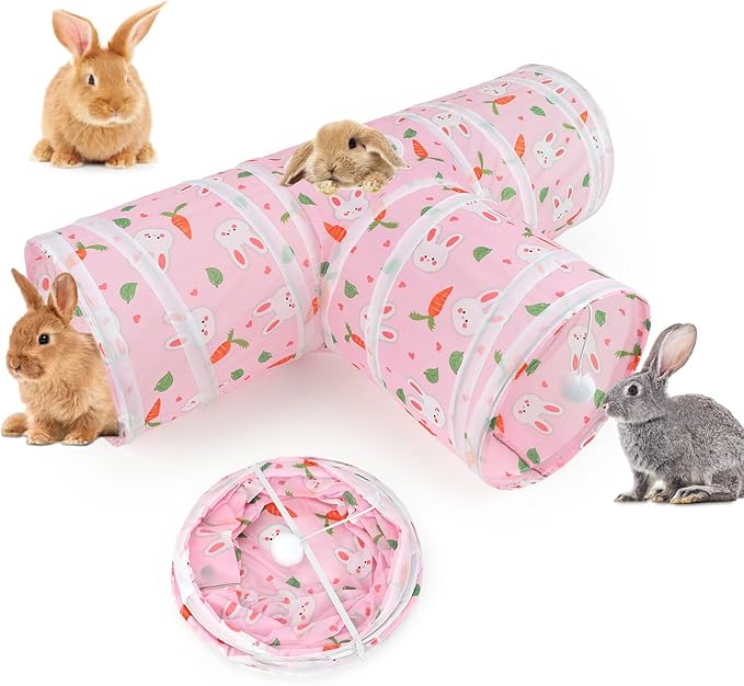 BWOGUE Bunny Tunnels & Tubes Collapsible 3 Way Bunny Hideout Small Animal Activity Tunnel Toys for Dwarf Rabbits Guinea Pigs Kitty