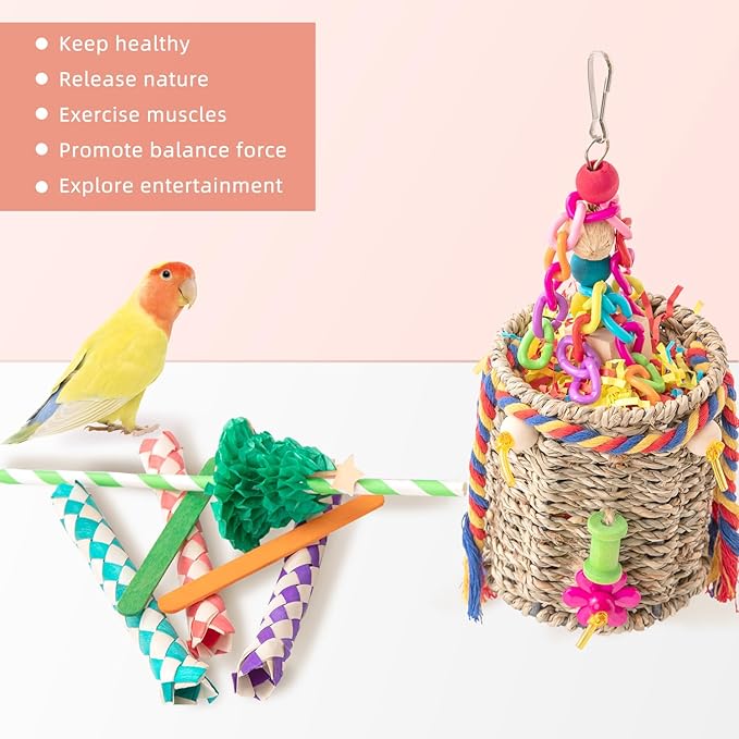 RLRICH Bird Toys Parrot Foraging Toys, Seagrass Basket Bird Chewing Toys with Colorful Tearing Paper Bamboo Fingers Natural Nut Wooden Blocks for Small Medium Parrot Bird