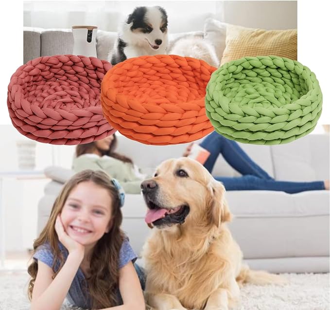 Woven Dog Bed Basket, Knitted Cotton Cat Bed Round Washable Woven Cat Pet Bed Chunky Dog Basket, Orthopedic, Chunky Knit Dog Nest,Dog Bed,Dog Cave,Dog Bedding(Blue,23")