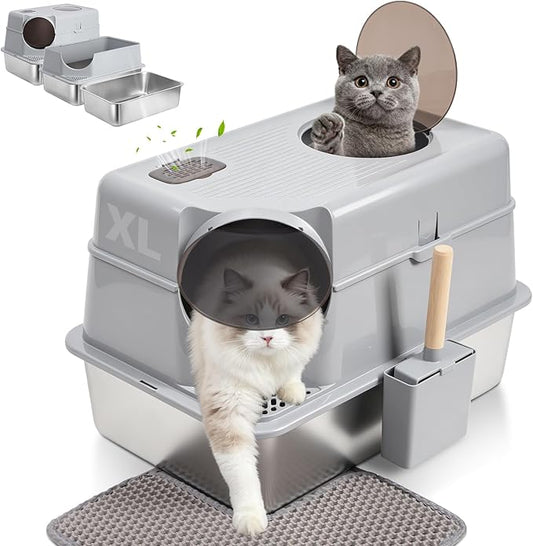 Stainless Steel Litter Box with Lid, Extra Large Enclosed Cat Litter Box for Big Cats, Metal Cat Box with High Sided Enclosure & Scoop, Front & Top Entry, Odor Free, Anti-Leakage, Grey