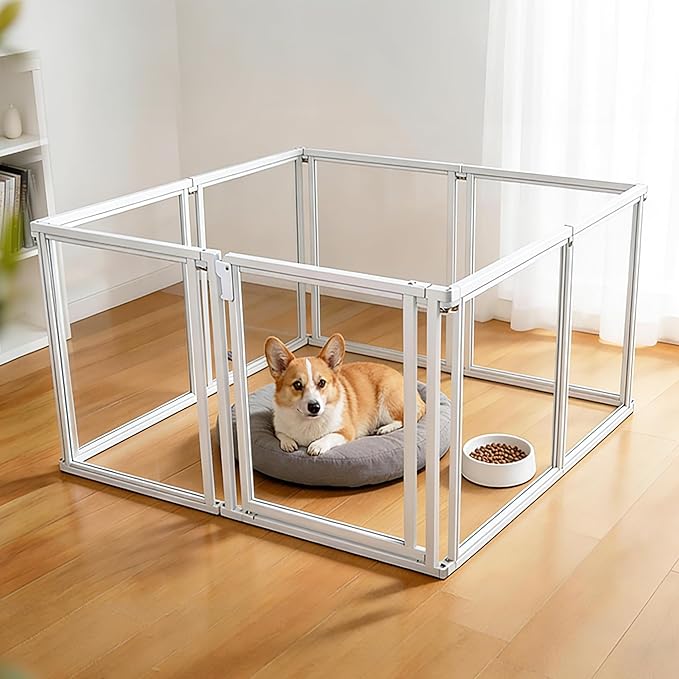 24" H Clear Dog Playpen Indoor, Metal Frame Acrylic Dog Play Pen Cage with Door - 8 Panels, Easy Assemble Pet Fence, DIY Foldable Puppy Pen for Ducks Cat Rabbit Small & Medium Pets- White