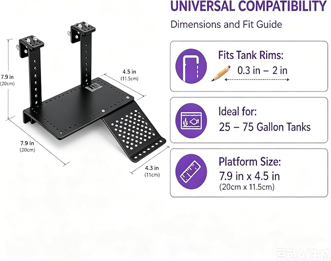 Turtle Basking Platform, Adjustable, Acrylic, Non-Slip Ramp, 0.3"–2" Rim | Heat-resistant acrylic, stable non-fall basking platform, adjustable height, fits 0.3–2" rims, draining anti-slip ramp