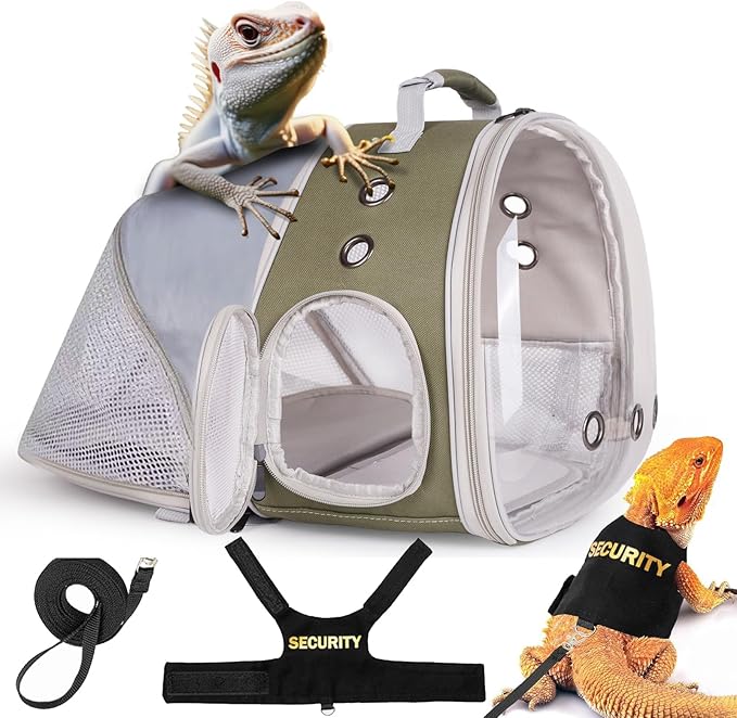 WEVONIGU Expandable Small Animal Backpack Carrier with Clear Bubble Window Large Space Travel Cage for Hedgehog Rat Parrot,Bearded Dragon,Sugar Glider,Airline Approved (Army Green, BE Backpack+LSH)