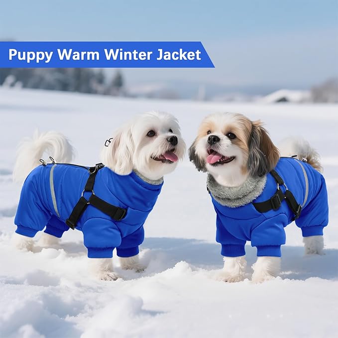 BRKURLEG Blue Dog Winter Coat, Cozy Winter Dog Jackets, Small Medium Dogs Coat with Harness, Onesie Body Warm Puppy Christmas Jacket, Pet Cold Weather Jackets, Puppy Four-Legged Puffer Coats, XXL