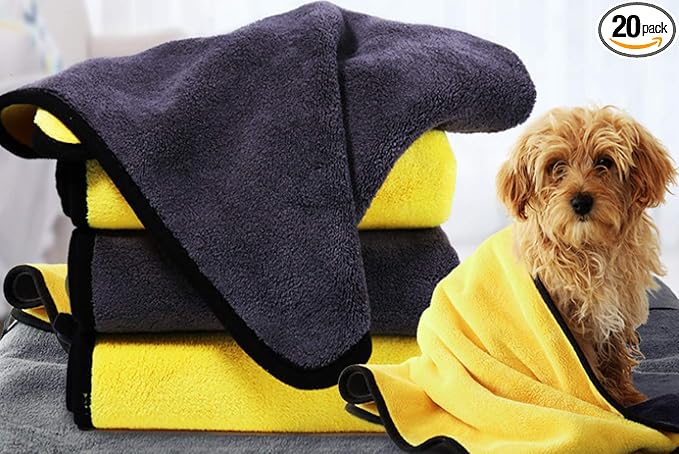 Dog Bath Towel - Super Absorbent Microfiber Dog Towel for Small Dogs and Cats, Yellow & Grey 11.8" x 23.6"