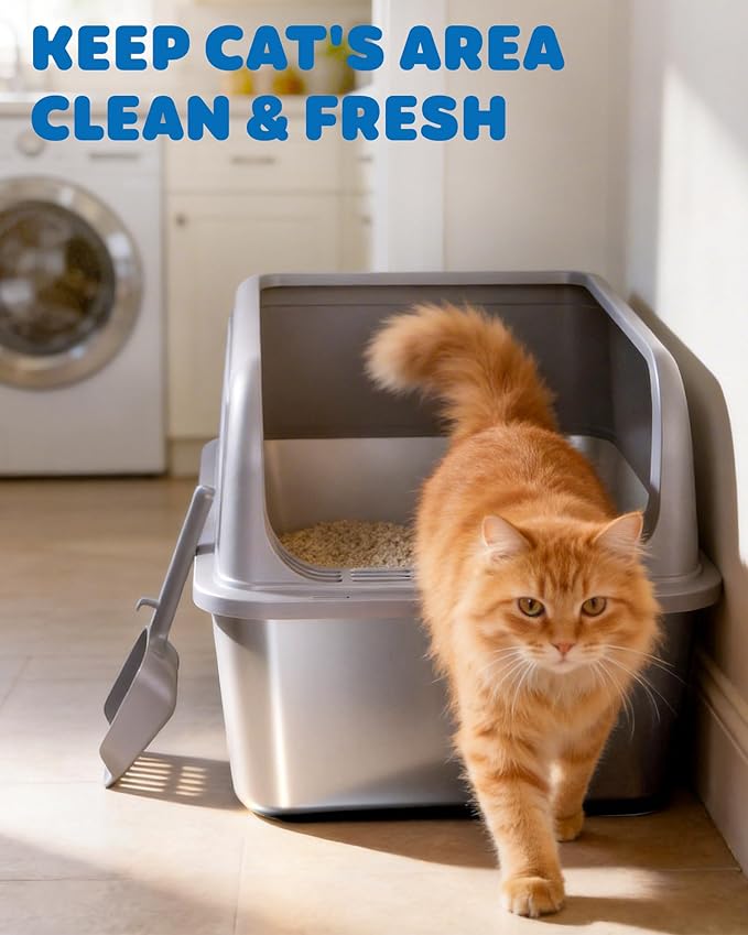 Powools Stainless Steel Cat Litter Box, Metal Litter Box with Scoop, High- Sided, Anti-Leakage Top Entry, Non-Sticky, Easy to Clean, Grey, M (1 Pack)