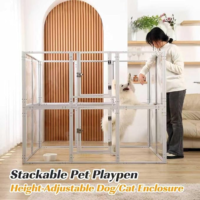 Clear Acrylic Dog Playpen with Door,Puppy Fence Indoors H:24" 10-Panel can be DIY Expanded + Splicing Height Design for Puppies/Small Dogs,White Dog Enclosure (Metal + Acrylic Material)